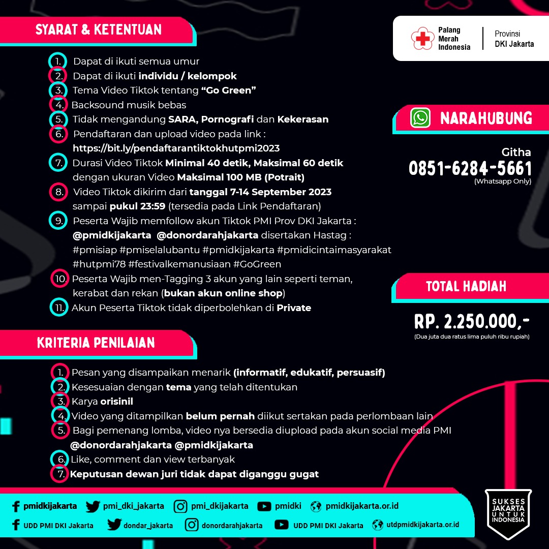 dondar_jakarta's tweet image. Halo sobat muda PMI
Setiap tanggal 17 September diperingati sebagai Hari Ulang Tahun Palang Merah Indonesia.

Dalam rangka HUT Ke-78 tahun Palang Merah Indonesia (PMI) ini, PMI Provinsi DKI Jakarta mengajak #sobatPMI untuk berpartisipasi dalam Lomba TikTok dengan

Tema : Go Green