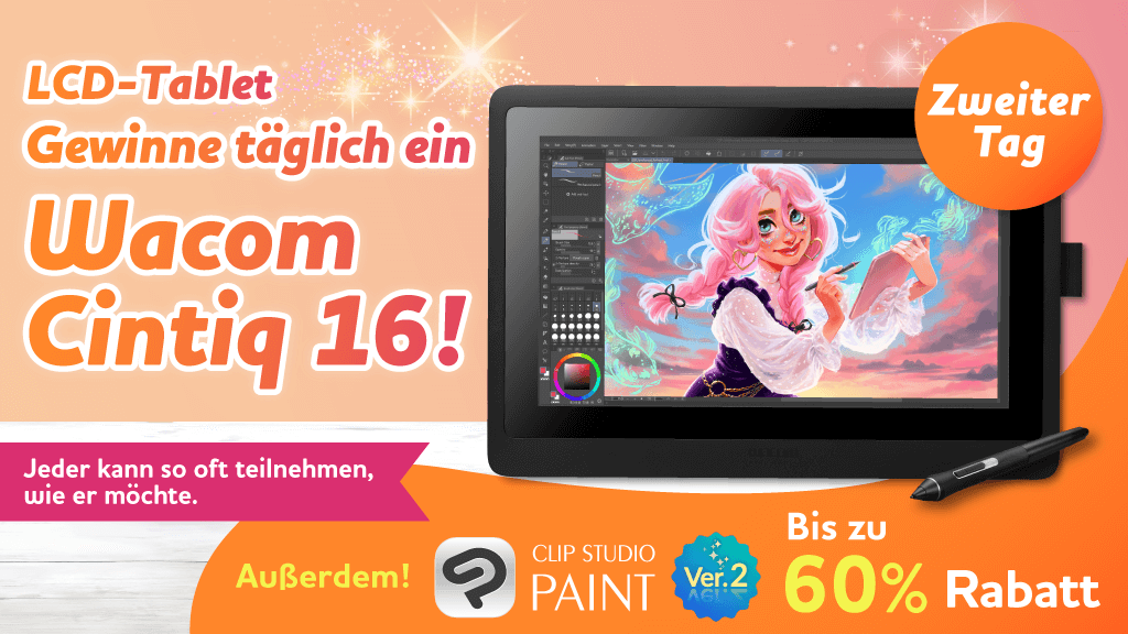 clipstudiopaint's tweet photo. Jeden Tag ein Wacom Cintiq 16 LCD zu gewinnen! Folge und reposte diesen Beitrag um teilzunehmen. Mehrfachteilnahme möglich Heute ist Tag 2, noch 5 weitere Chancen! Bis 12. September um 9:00 Uhr (MEZ) bis zu 60% Rabatt auf CLIP STUDIO PAINT! Mehr Infos: https://t.co/P1TZkdF46f https://t.co/x8zOKHzhte