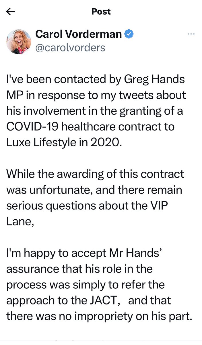 After a six month campaign of defamation & vilification, @carolvorders has today finally withdrawn her allegations. She accused me of “illegal corruption”, phoning a friend to say “here’s a nice little £25.8m PPE contract for you mate” & having my “hands in the cookie jar” 1/2