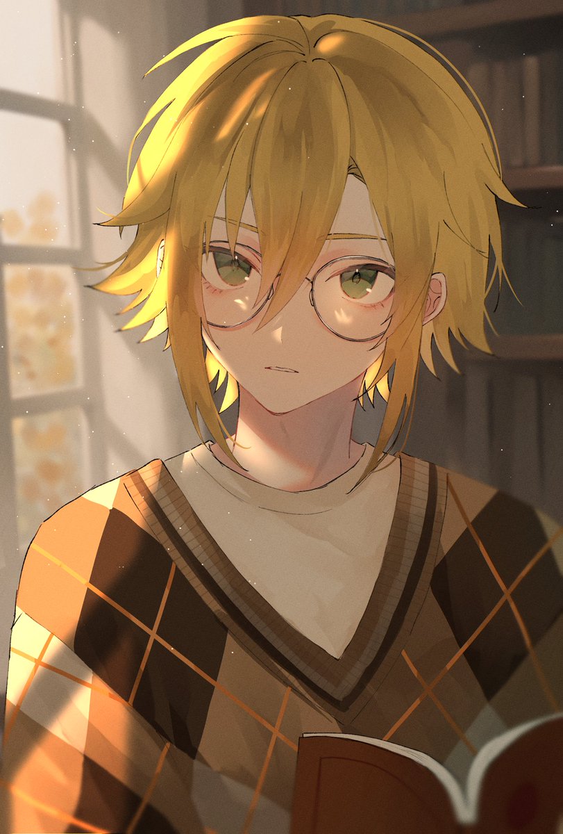 1boy male focus blonde hair book solo green eyes glasses  illustration images