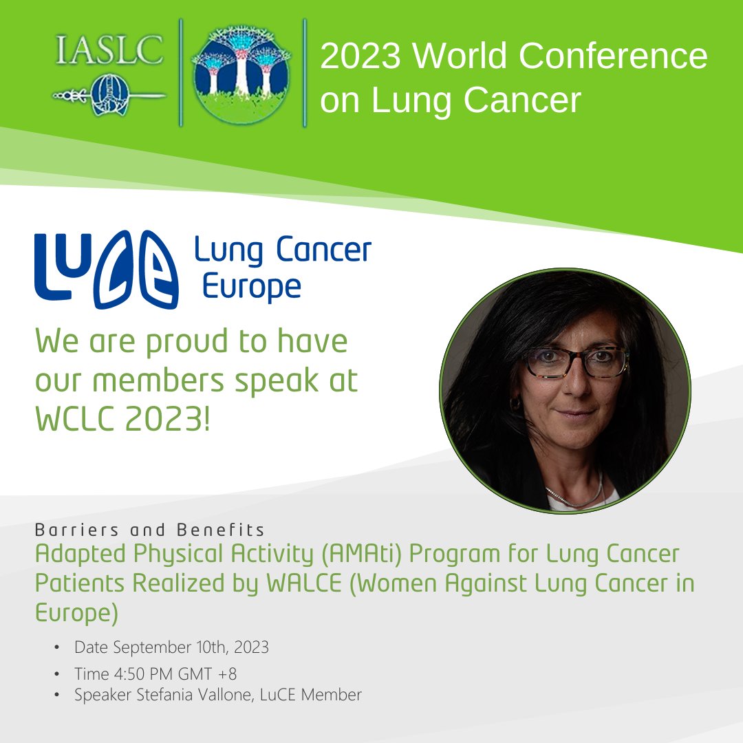 LungCancerEu's tweet photo. 🎉 Spotlight on Advocacy and Action: Stefania Vallone, a dedicated voice in our LuCE community, will take the stage at the World Conference on Lung Cancer. Don't miss her impactful talk on September 10. 

#WCLC23 #LungCancerEurope #LCSM #WALCE #AdaptedPhysicalActivity https://t.co/Ns9kZtQeCC