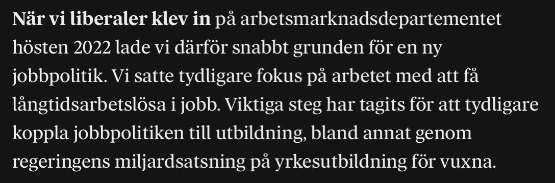 OK, vi går vidare. I nästa stycke beskriver liberalerna sin nya jobbpolitik, bl a sin ”miljardsatsning” på yrkesutbildning för vuxna. Visst är det fantastiskt att man kan minska yrkesvux med 1,1 miljard och ändå ha mage att kalla det för en miljardsatsning? Negativa miljarder.