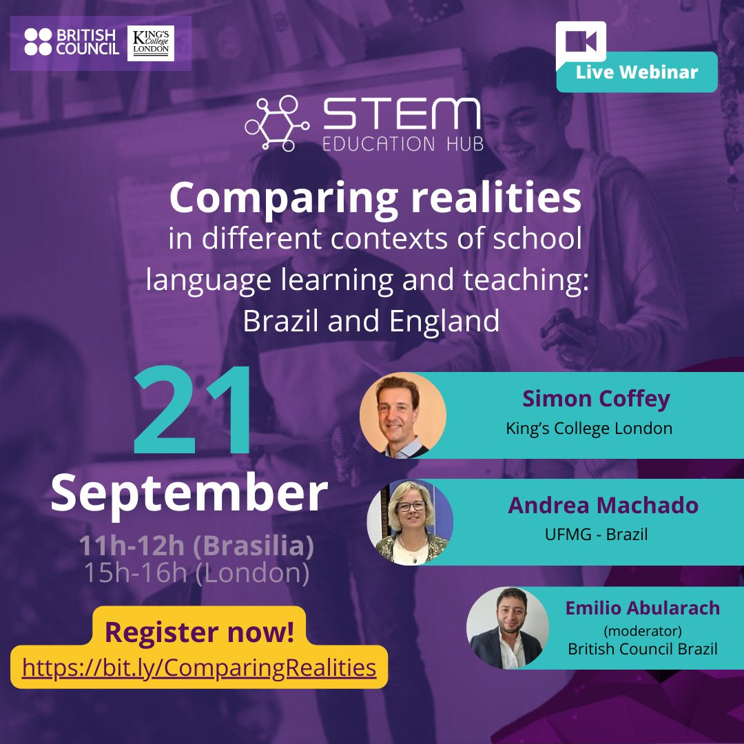 ⚠️Join the STEM Education HUB for a fascinating online event: Comparing realities of school #LanguageLearning  and #teaching in Brazil and England
 
📅21/09 – 11am(Brasilia)/15pm(UK) 🔗bit.ly/ComparingReali…
ℹ️ More info: stemeducationhub.co.uk 
Don't miss it!🚀