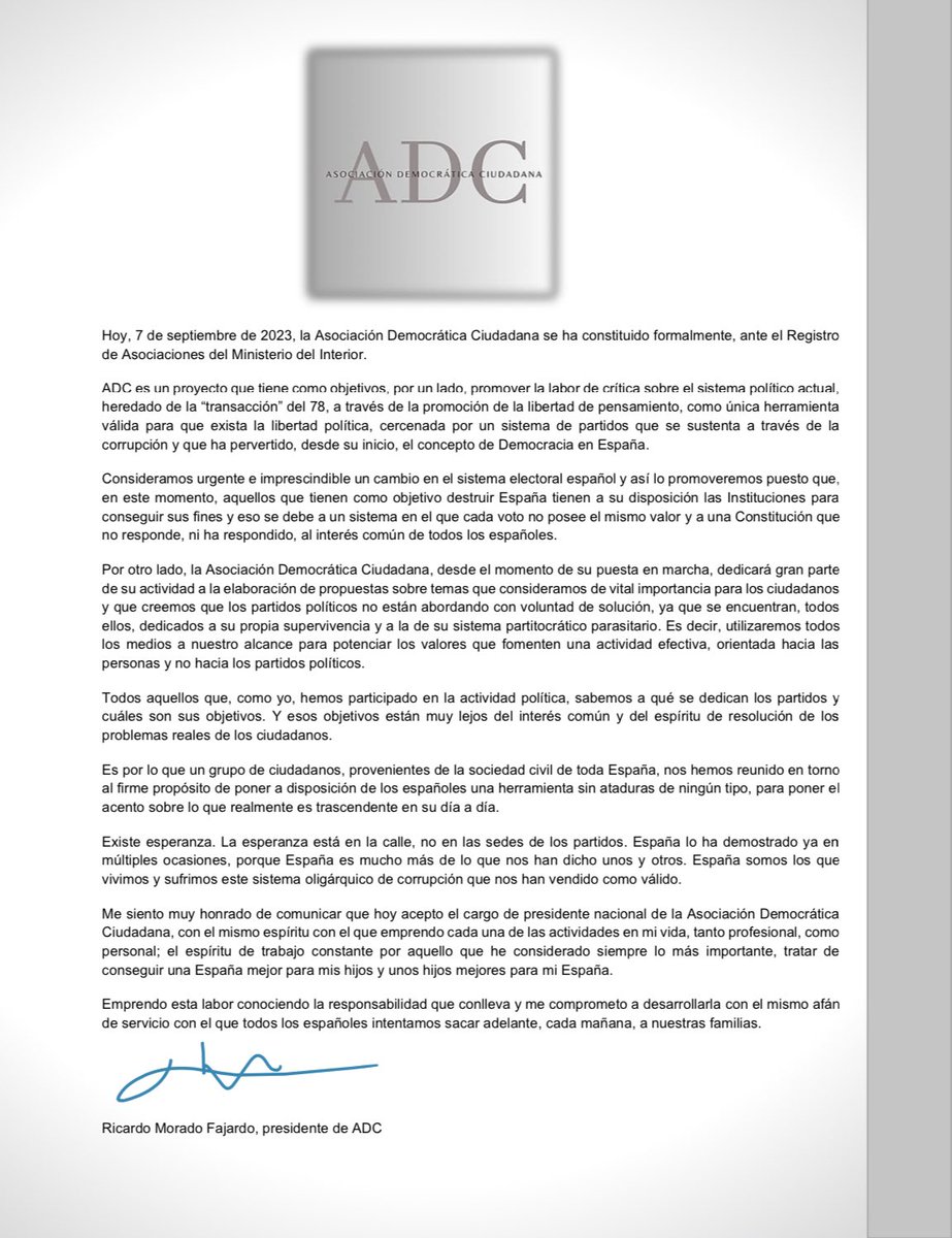 Hoy nace la Asociación Democrática Ciudadana, <a href="/ADC_Espana/">Asociación por la Democracia y la Convivencia</a> .
He aceptado su presidencia nacional, con la responsabilidad y el ánimo que requiere la encrucijada en la que nos encontramos.
#AsociaciónDemocráticaCiudadana
#LaSociedadCivilTomaLasRiendas
👇🏻👇🏻🚨COMUNICADO🚨👇🏻👇🏻