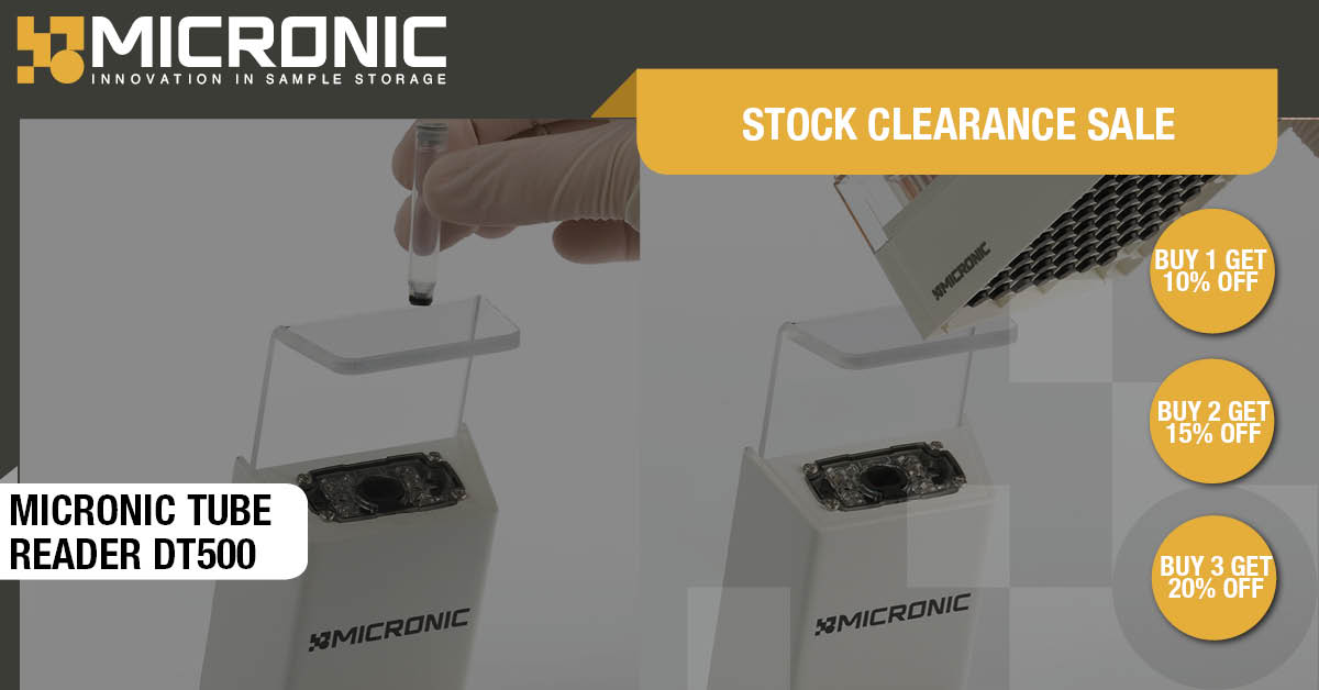 #Micronic is clearing their stock of the #tubereader DT500. Take advantage of a #stackingdiscount: buy 1 reader and get 10% off, buy 2 readers and get 15% off or buy 3 readers and get 20% off! Request a quote now: micronic.com/promotions/sto…. #samplestorage #samplemanagement