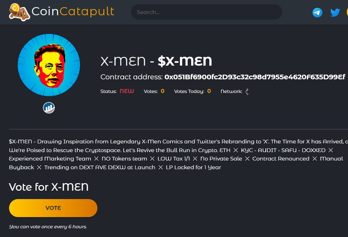 🔥 Vote for X-MEN on CoinCatapult! 🔥

Only 100 votes and our token will be available on CoinCatapult!

🟢 Vote here: coinboom.net/coin/x-men-tok…