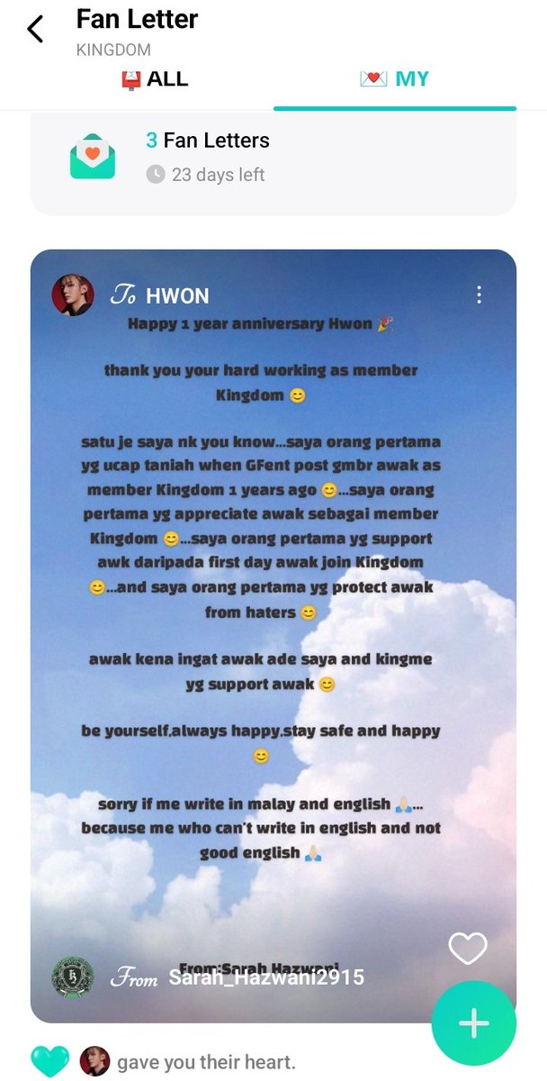 WifeMarcMarquez's tweet photo. bye Hwon cheered my fan letter 😭...like what aq tk expect pun 😭...aq just tulis untuk dia punya 1st anniversary 😭...tpi aq tulis dlm malay ngn eng 😀...sbb aq tk pandai nk tulis dlm full eng 😌...jgn risau bawah kt letter yg aq tulis untuk dia tu...aq ade tulis say sorry 😀 https://t.co/O1AeHl1ut7
