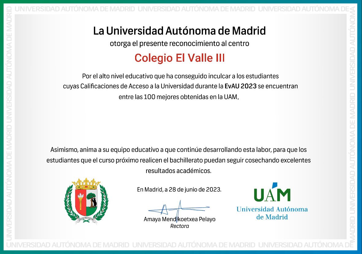 ElValle_III's tweet photo. Estamos muy orgullosos por el reconocimiento a nuestro centro de Las Tablas por parte de la UAM debido al excelente resultado académico de algunos de nuestros alumnos, cuyas Calificaciones de Acceso a la Universidad durante la Evau 2023 se encuentran entre las 100 mejores. https://t.co/vwF88ni3jT