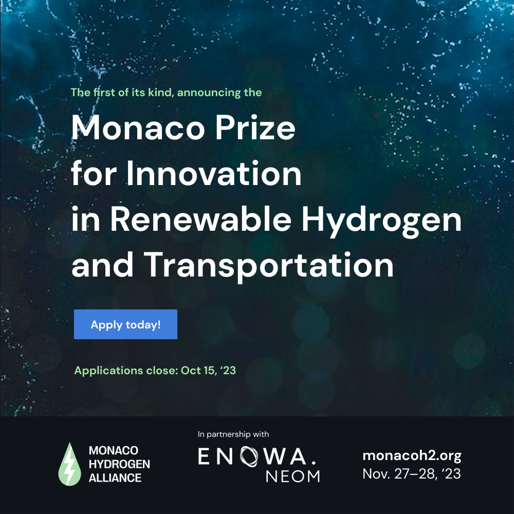 Now in its second year, we are very excited to announce that the Monaco Prize for Innovation in Renewable Hydrogen and Transportation is open for applications! 

The prize is held in partnership with <a href="/ENOWA_NEOM/">ENOWA</a> 

Apply today!
lnkd.in/dJRbWJA5