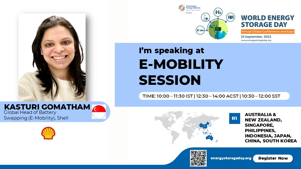 We welcome Kasturi Gomatham, Global Head of Battery Swapping (E-Mobility) From Shell as our speaker for #WESD #2023.
She will be speaking in the R1- #Emobility session.

To interact with her, register at: lnkd.in/dXKwbsm7