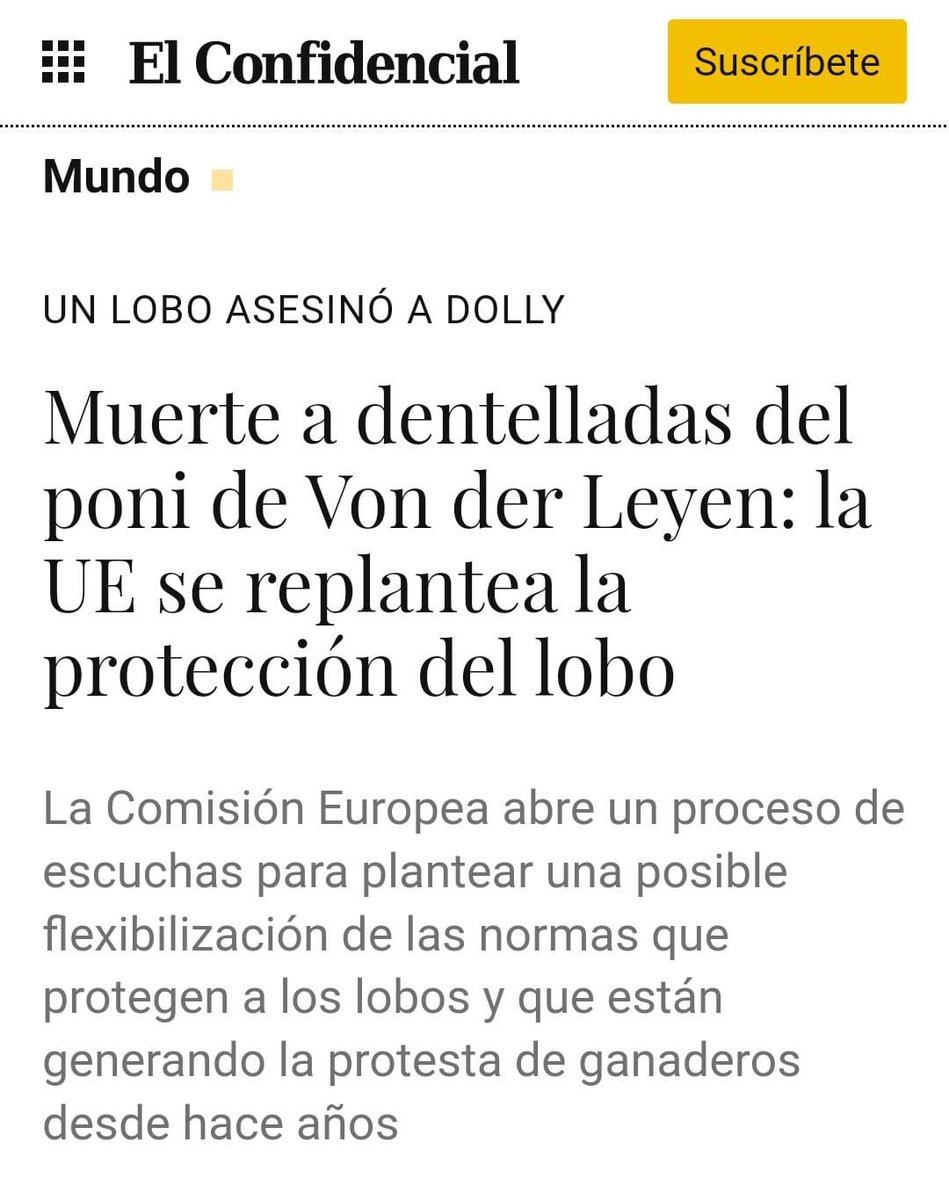 vox_es's tweet photo. Cuando decimos que otra Unión Europea es posible nos referimos a cosas como ésta.

Las élites de Bruselas se replantean la protección del lobo porque uno ha matado al poni de Von der Leyen, pero no porque mate a los animales de nuestros ganaderos y los arruine para siempre. https://t.co/vhY4Qld7pY