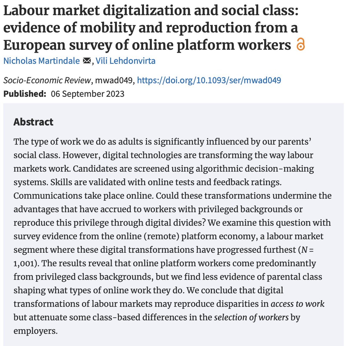 ViliLe's tweet image. What happens to the reproduction of social class from parents to children when labour markets are digitalized? New @iLabourProject study from Nick Martindale and me just published in Socio-Economic Review: academic.oup.com/ser/advance-ar… #SER