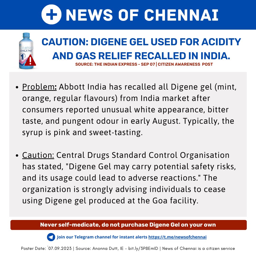 newsofchennai's tweet image. Digene gel used for acidity and gas relief recalled in India.

Source: Anonna Dutt, IE - bit.ly/3P8EmID

#Digene #DigeneGel #BreakingNews #India #TamilNadu #Chennai #NewsofChennai