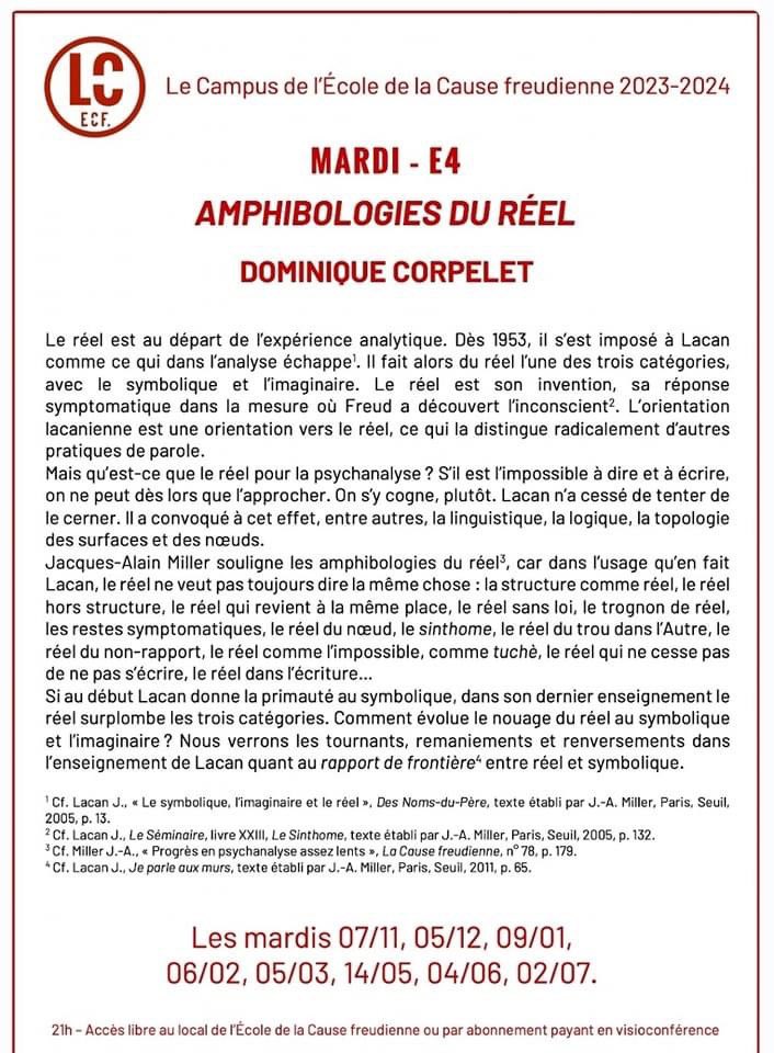guidelacanienGP's tweet photo. ⭕️ Le Campus de l'ECF 
AMPHIBOLOGIES DU RÉEL - L'ARGUMENT DE D. CORPELET
Au local ou en visio : Inscrivez-vous !

https://t.co/AxFRNpOBV9 https://t.co/raYRWI6tNf