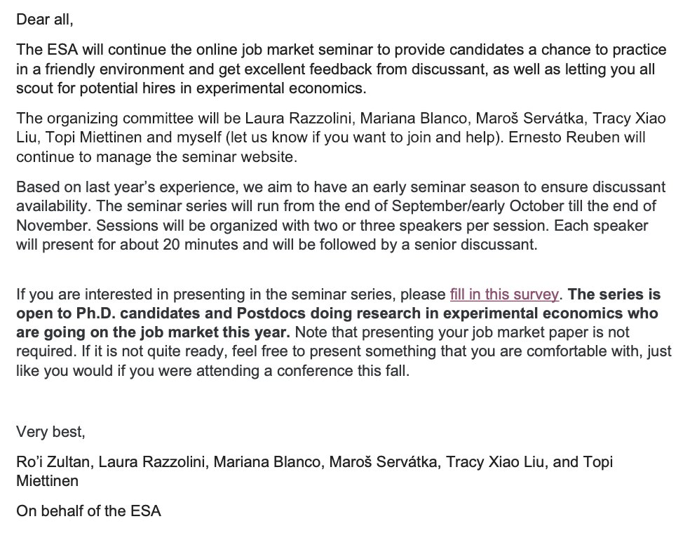 Ro'i Zultan (@roizultan) on Twitter photo Are you an experimental economist going on the job market this year? Sign up to present in the ESA online job market seminar series.
bgu.qualtrics.com/jfe/form/SV_9M… Are you an experimental economist going on the job market this year? Sign up to present in the ESA online job market seminar series.
bgu.qualtrics.com/jfe/form/SV_9M…