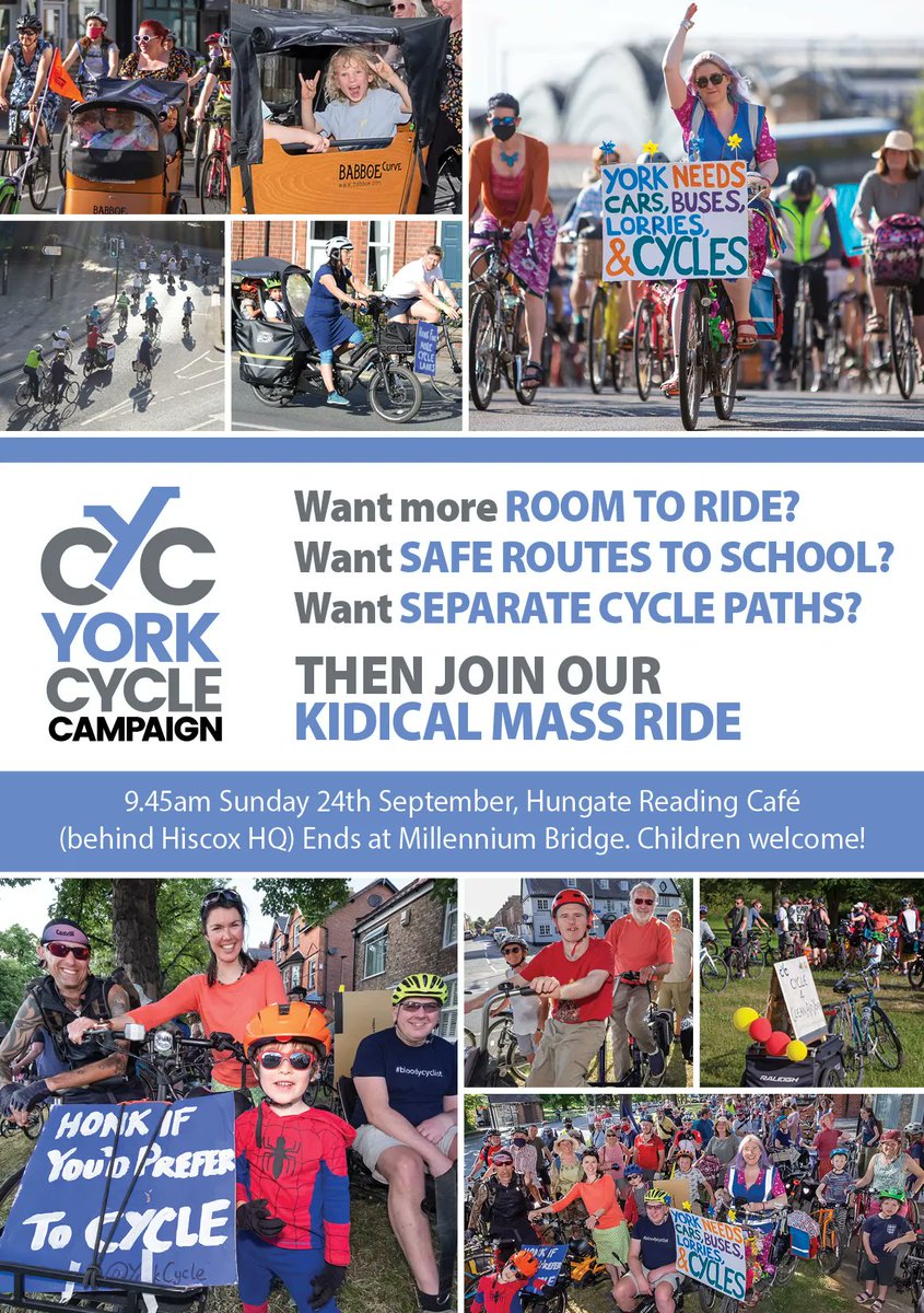 YorkCycle's tweet photo. Be a part of #York's biggest mass ride! Cycle through the city Sunday 24 September for #RoomToRide and #SafeRoutesToSchool https://t.co/HcqieDSq0G  
Could you be a ride marshal for this #KidicalMass event? Email: yorkcyclecampaign@gmail.com
#ActiveTravel https://t.co/VZsRyRnDu3