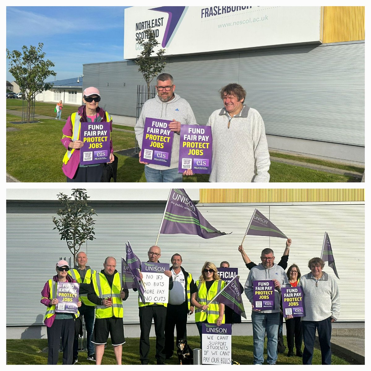 Lecturers and support staff striking in solidarity at the Fraserburgh campus of @NESCollege. Standing together for the future of FE in Scotland! ✊️ Fund Fair Pay: Protect Jobs in FE.