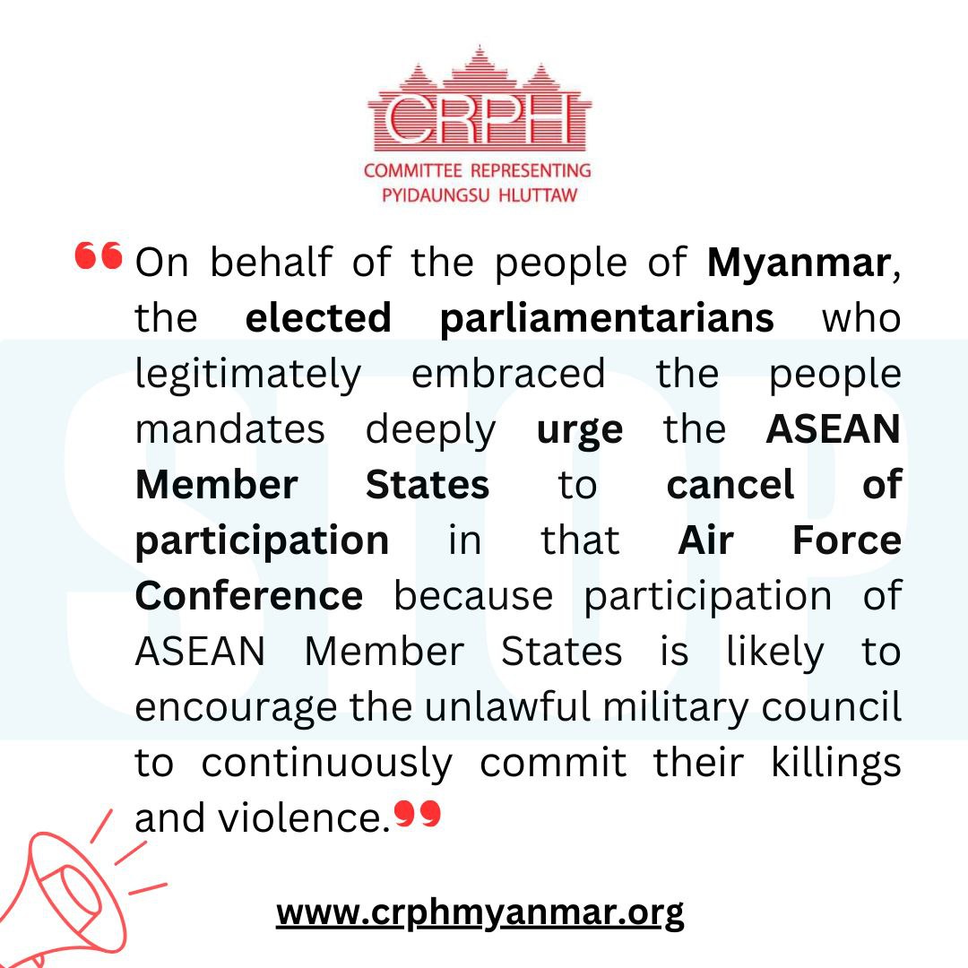 CRPH's Demands for Cancellation 🚫🚫🚫 of Participation of <a href="/ASEAN/">ASEAN</a> Member States in the ASEAN Air Force Chiefs Conference to be hosted by the Terrorist Military Council (SAC) 

📍Find out more our statement on ASEAN Air Force Conference: crphmyanmar.org/publications/d…