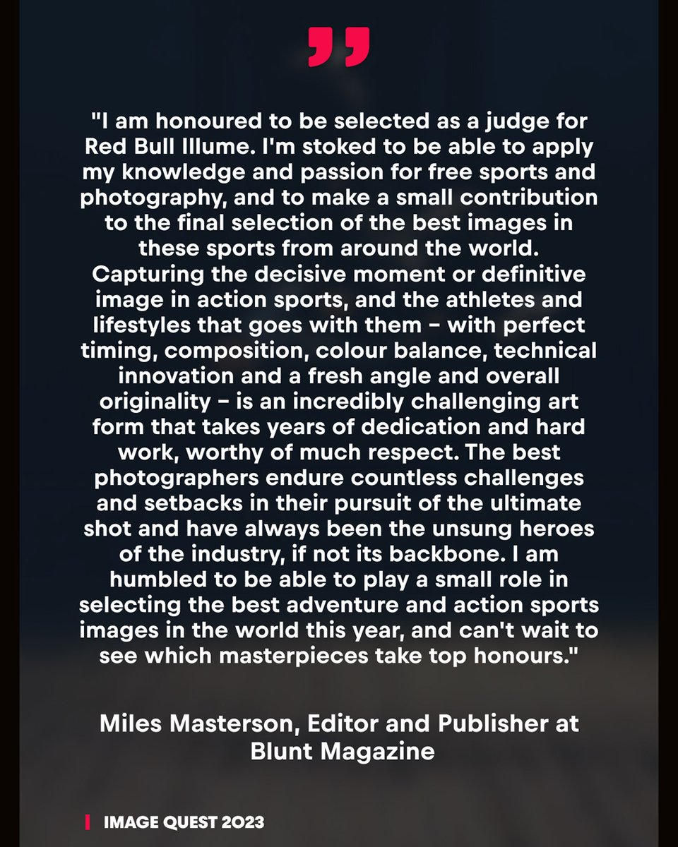 MastersonMedia's tweet photo. Honoured to be chosen as one of 50 global judges for the @redbull @redbullillume Image Quest 2023 adventure sports imagery contest, as publisher and editor of @bluntmagza. Can't wait to see which images win out. Portrait by Nick Aldridge. https://t.co/SOyIicKvW0
#redbullillume https://t.co/cbMrufgY53