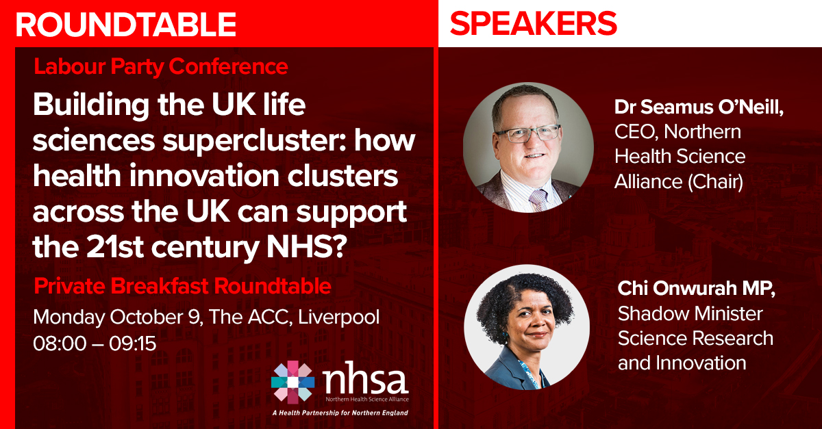 Our breakfast roundtable event at the @UKLabour Conference will be chaired by @SONeill_NHSA and will discussing UK life sciences supercluster – we look forward to the important discussions this will bring to the forefront #supercluster #innovation 1/2