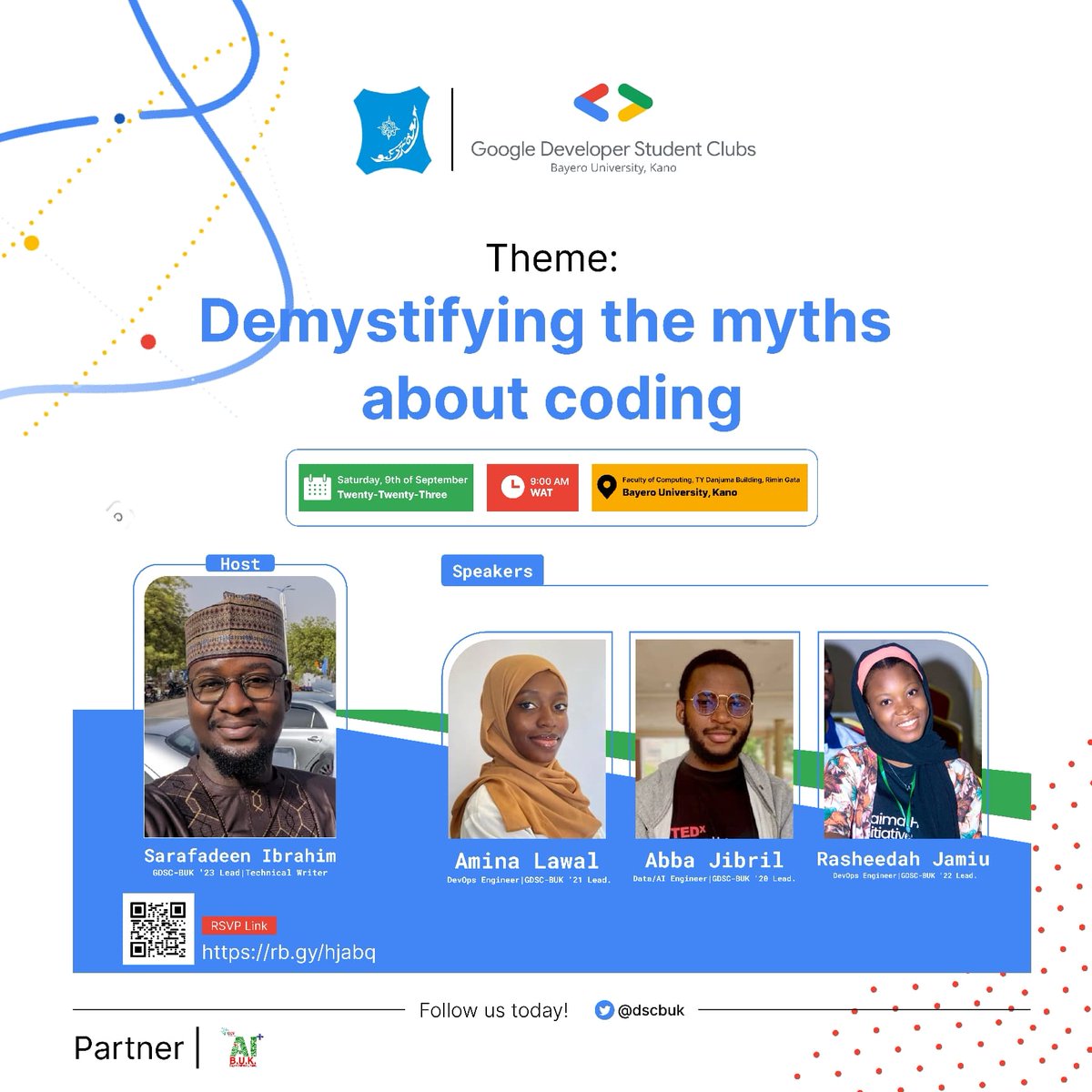 dscbuk's tweet image. 🔥Mark your calendars for September 9th.
GDSC-BUK is hosting an info session themed "Demystifying the Myth About Coding"🌐
Join us for enlightening career talks, engaging Q&A, and more inspiring activities
Let's break the #CodingMyth together!👨💻
RSVP 👇
rb.gy/hjabq