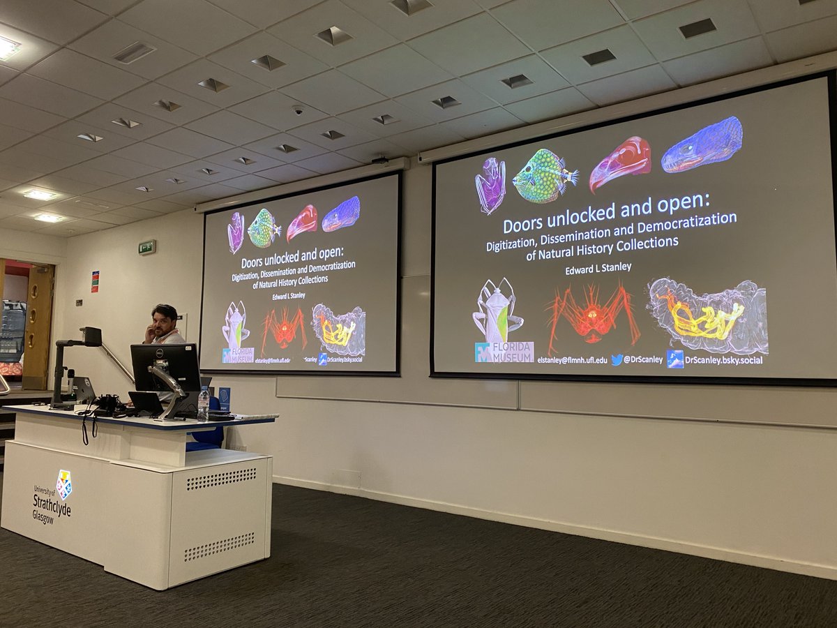 Kicking us off #ToScA23 is <a href="/DrScanley/">Ed Stanley</a> from <a href="/UF/">FLORIDA</a> talking about the usefulness of natural history collections. Pickled frogs, staining, and digitisation