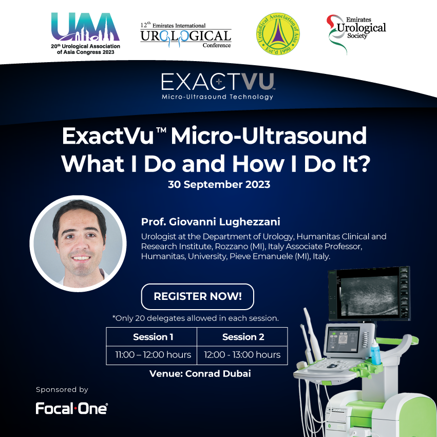 Join Prof. @GLughezzani at #UAAEUSC2023 for live demos of #MicroUltrasound's latest urological #imaging innovation. Learn about real-time targeted biopsies for better #ProstateCancer diagnosis and the groundbreaking #ExactVu Micro-ultrasound system. uaa2023.org/workshop-progr…