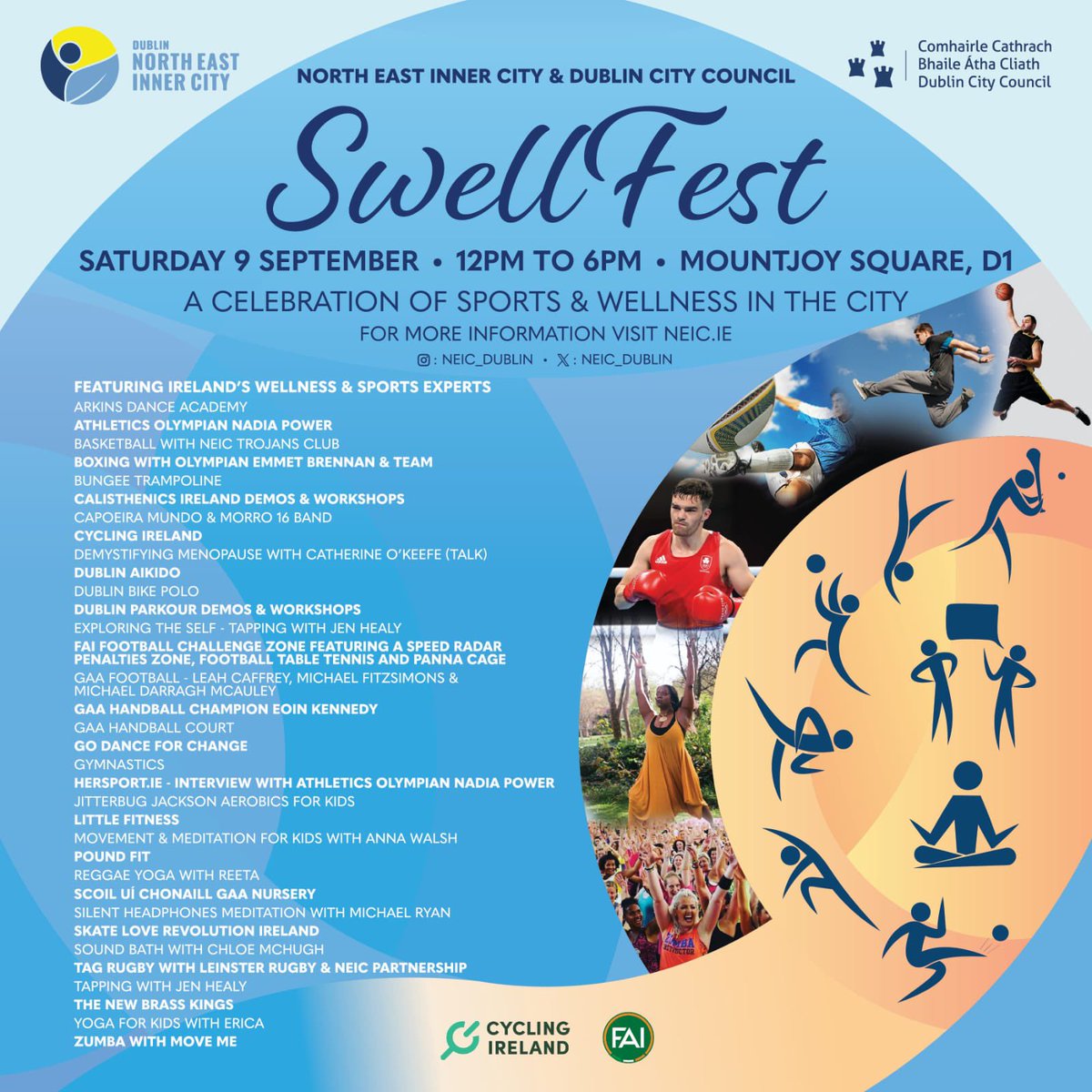 Mountjoy Square Park is where it’s at (again) this weekend! 
Wellness festival with something for everyone. Parkour, Calisthenics, Boxing, Basketball, Soccer, GAA, Dancing, Handball, Kids Yoga, Neurodiverse activities, and all sorts of carry on. Completely FREE, see you there!