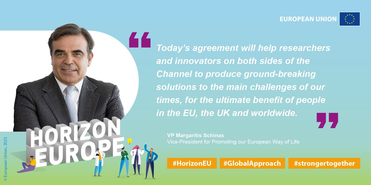 The UK 🇬🇧 joins #Horizon Europe! Looking forward to intensified EU 🇪🇺 UK 🇬🇧 R&amp;I cooperation for the benefit of our societies! More info here: europa.eu/!T33vpw