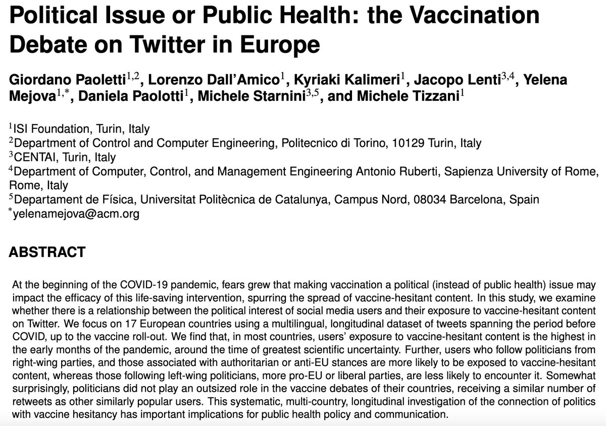 During COVID, vaccination became a political rather than just a public health issue.

Here, we found that users following right-wing, authoritarian, or anti-EU politicians on <a href="/X/">X</a> are more likely to be exposed to vaccine-hesitant content, across Europe.

arxiv.org/pdf/2309.03078…