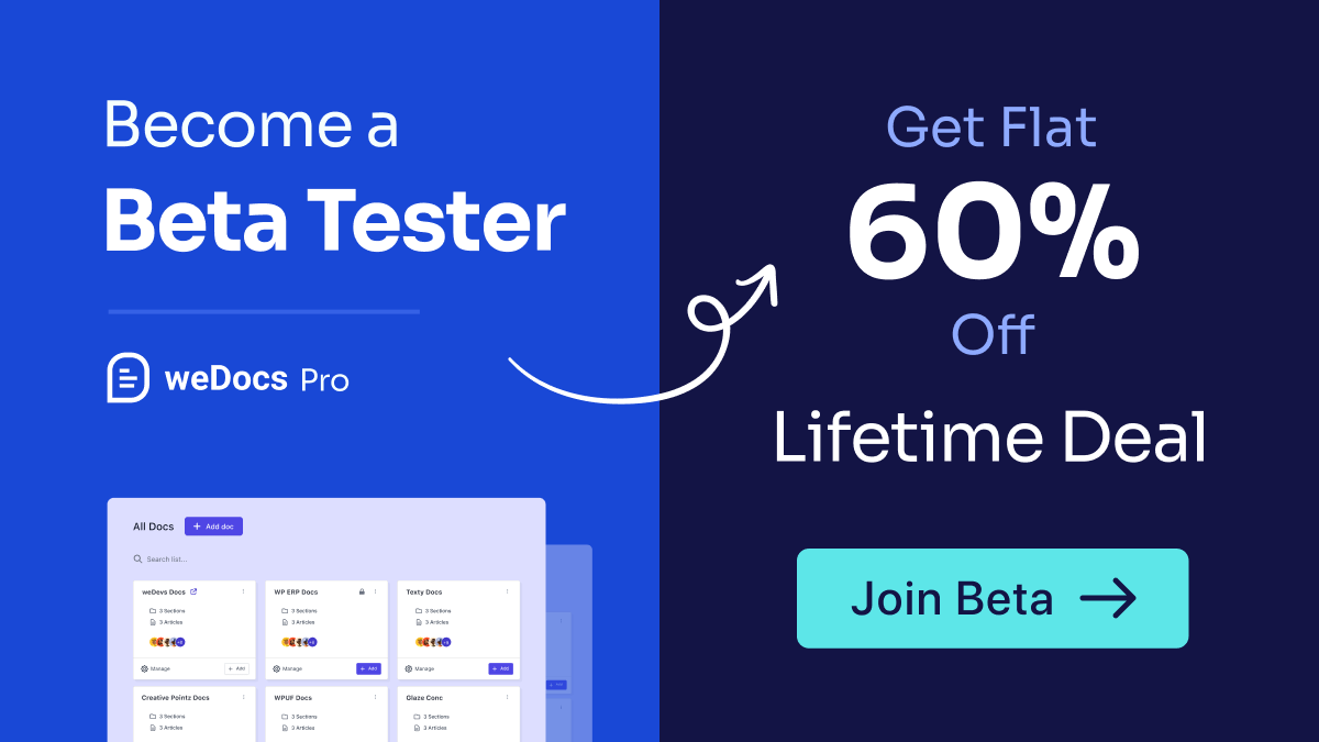 getwperp's tweet image. Great news! @weDevs is soon launching the newer version of weDocs, the WordPress documentation plugin. Secure your spot as a beta tester and claim a whopping 60% discount for the upcoming weDocs Pro!

✅ Become a beta tester - wedocs.co/sign-up-for-we…

#weDocs #BetaRelease