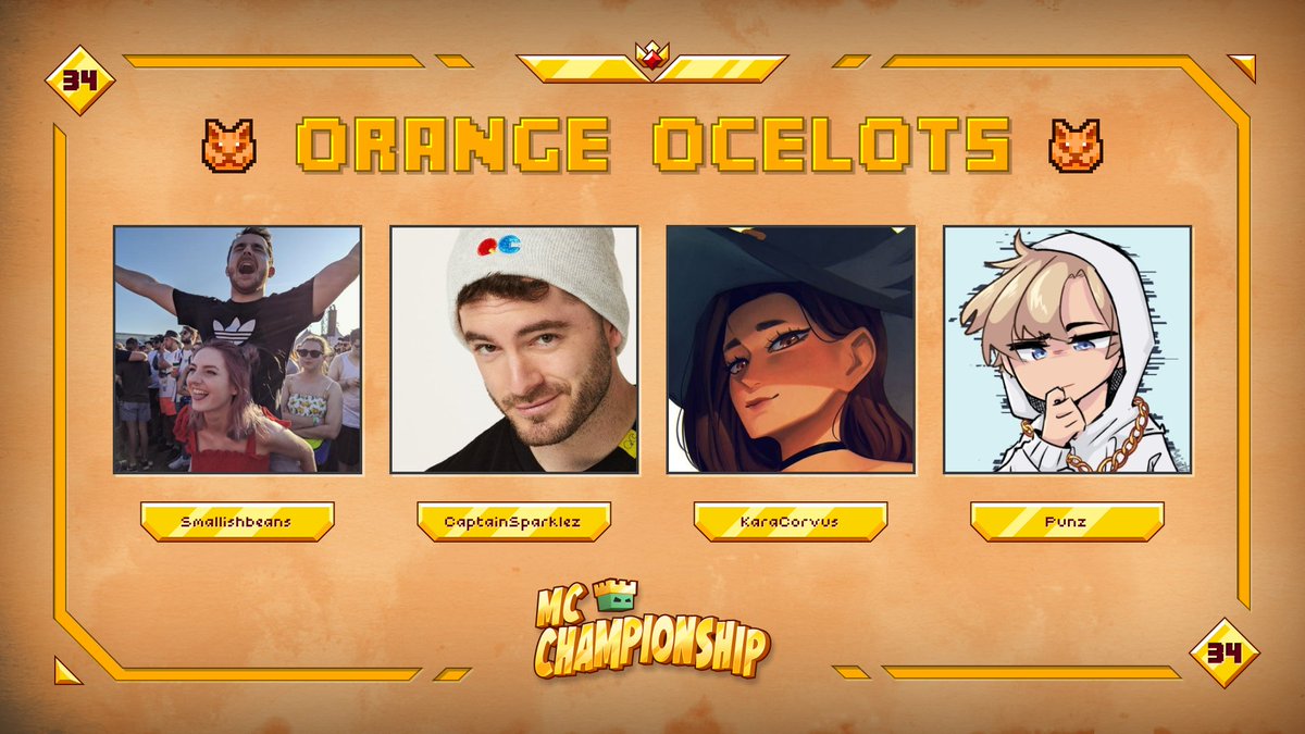 MCChampionship_'s tweet photo. 👑 Announcing team Orange Ocelots 👑

@Smallishbeans @CaptainSparklez @KaraCorvus @Punztw

Watch them in MCC on Saturday 16th September at 8pm BST! https://t.co/pglvzIRlq6