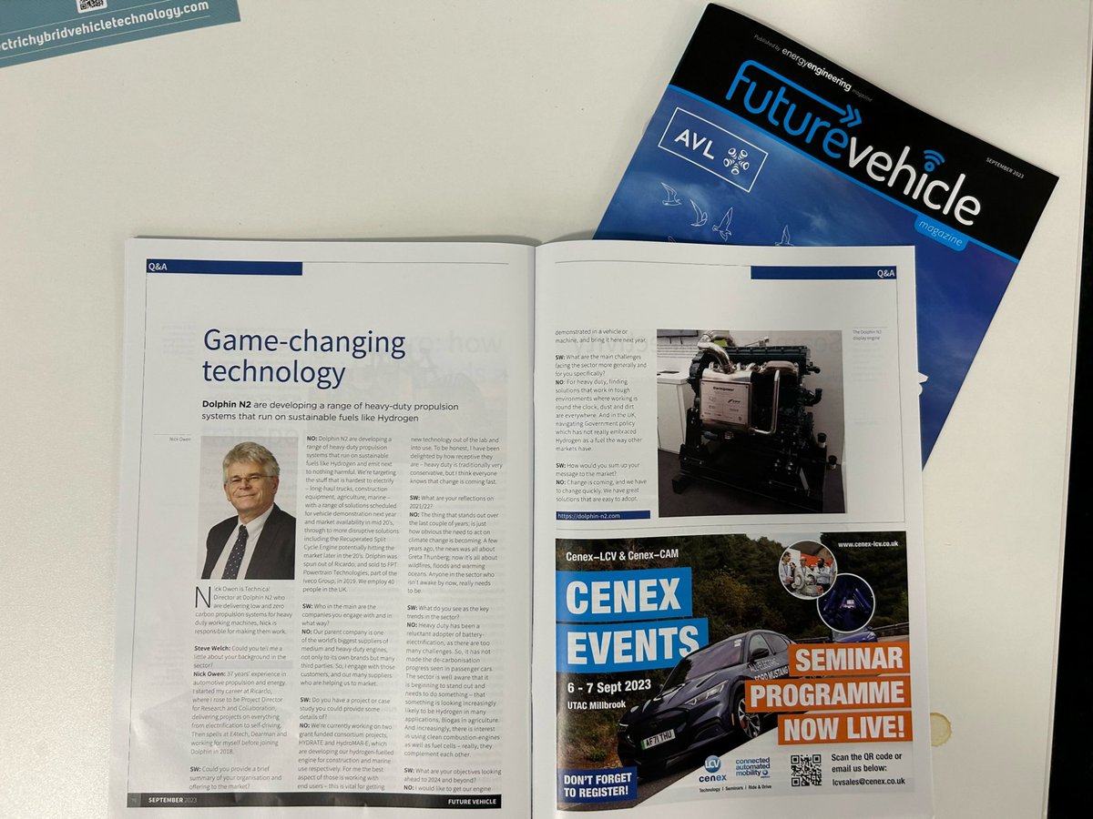 Don’t forget to pick up your copy of Future Vehicle at the @lcv_event and read more about how <a href="/dolphin_n2/">Dolphin N2</a> are developing a range of heavy-duty propulsion systems which run on sustainable fuels like hydrogen. #hydrogen #heavyduty #sustainablefuel