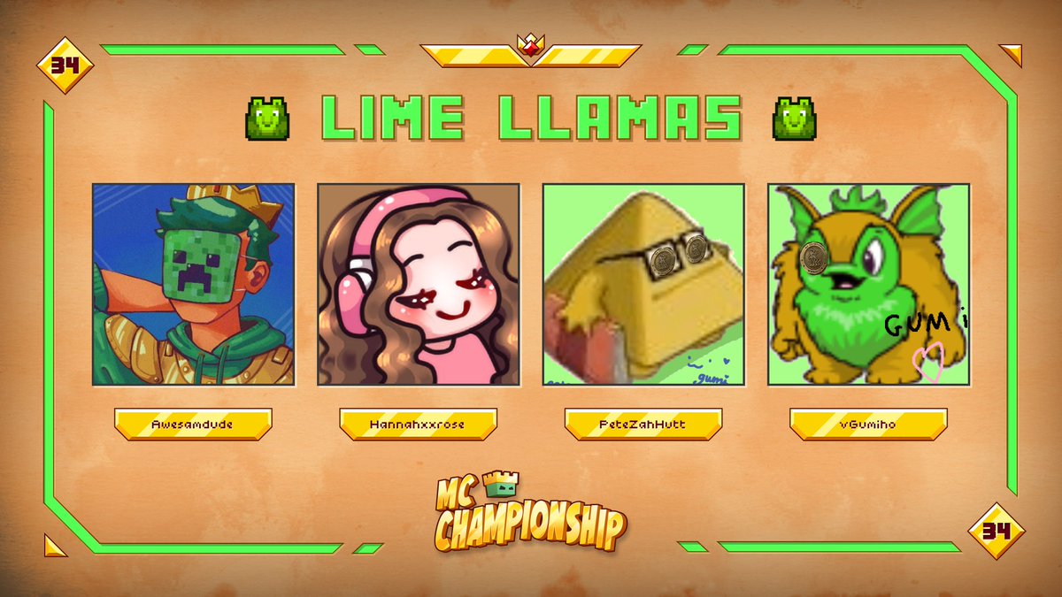 MCChampionship_'s tweet photo. 👑 Announcing team Lime Llamas 👑

@theawesamdude @hannahxxrose @PeteZahHutt @vGumiho

Watch them in MCC on Saturday 16th September at 8pm BST! https://t.co/XzmN0xPlJF