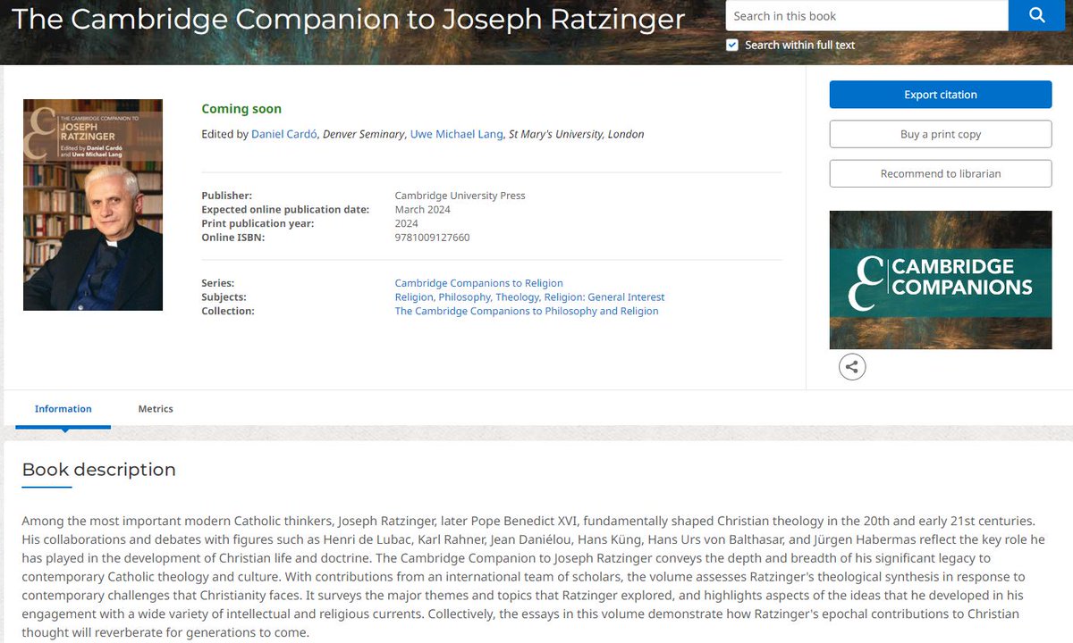 #catholicisme A paraître en mars 2024, sous la direction des PP. Daniel Cardo et Uwe Michael Lang : "The Cambridge Companion to Joseph Ratzinger" 👇 #Eglise #livres