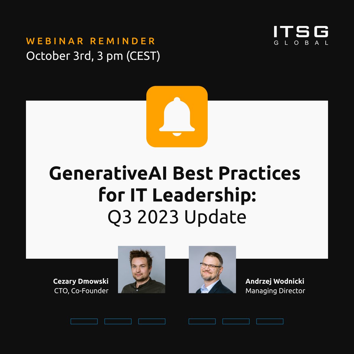itsg_global's tweet photo. Are you curious how AI changes business models and labor markets? 🤖So let us remind you to join our brand new webinar!
Save the date and register here:
https://t.co/LiPyXwgyu4 👈
Come with us on a journey into the future of technology!
#itsg #openai #chatgpt #generativeai #ai https://t.co/QybySOn1xv