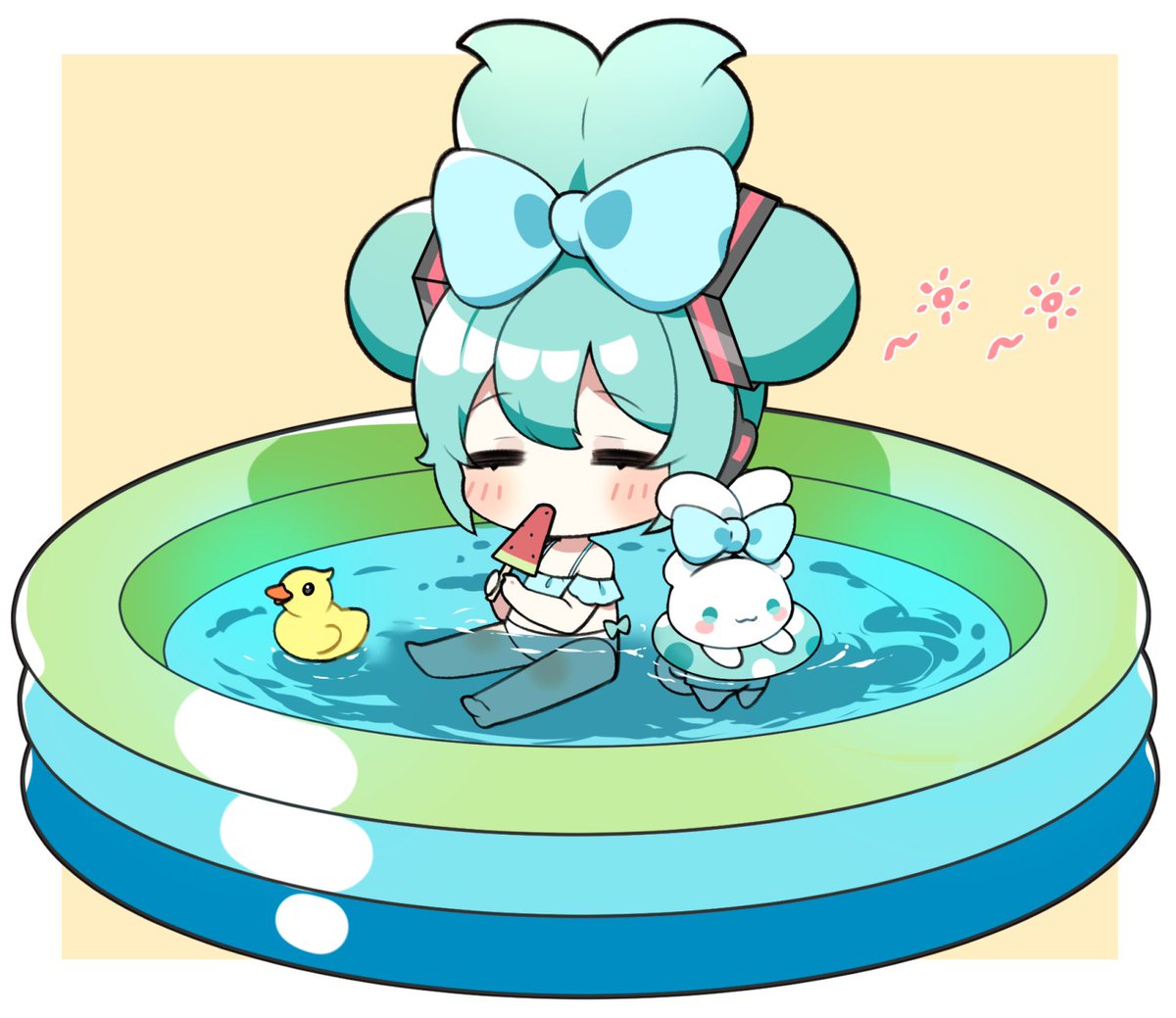 hatsune miku 1girl wading pool food chibi bow swimsuit popsicle  illustration images