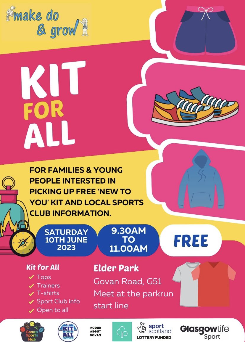 ActiveGovan's tweet photo. Our next #KitForAll event with @makedogrow & @parkrun takes place a week on Sunday at CommuniT in the Park. It's your chance to #PassItOn picking up free 'pre-loved' sports clothing & shoes & find out more regarding opportunities to get active in the community @sportscotland https://t.co/2QAEvbQR0q