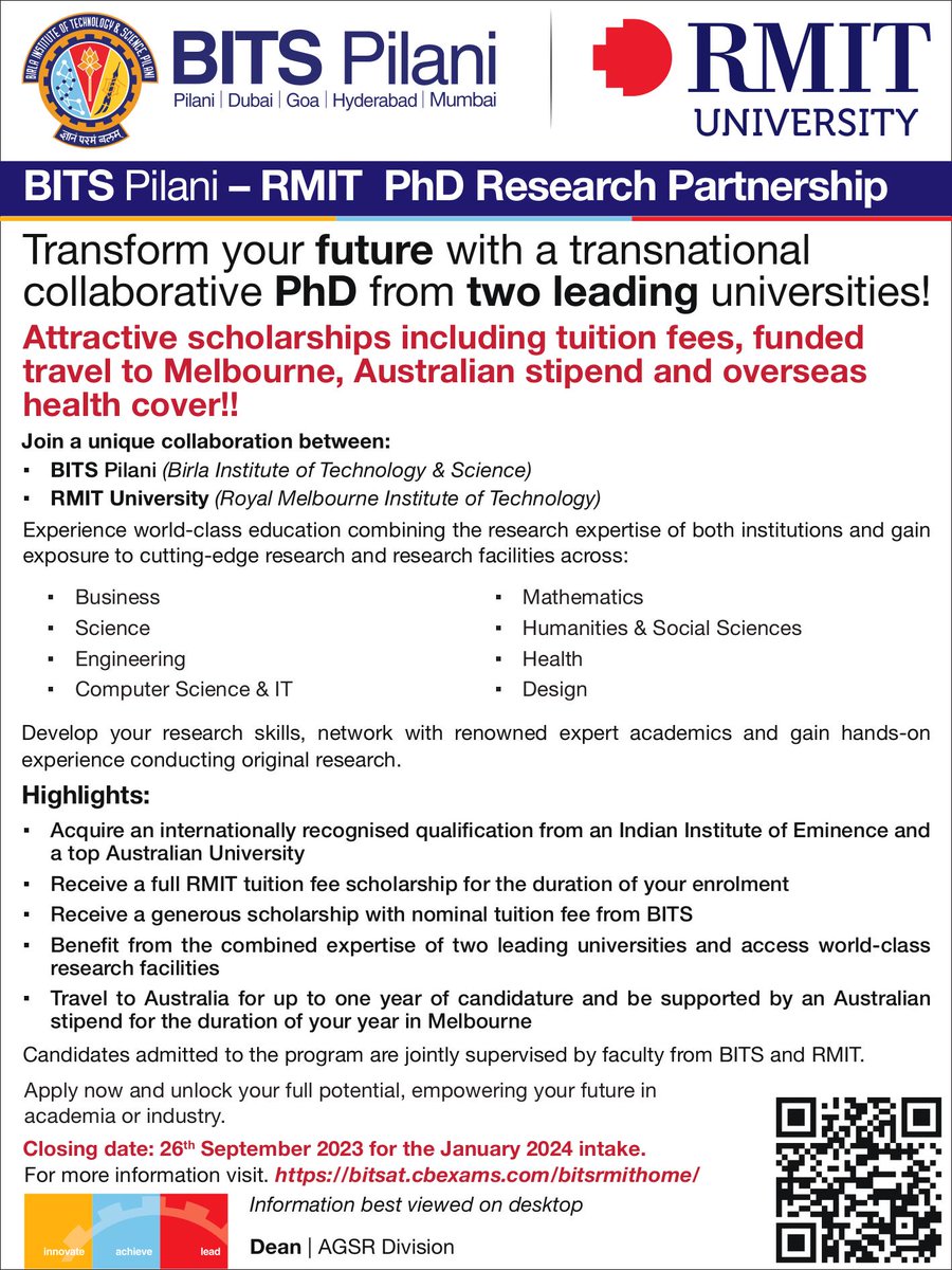 bitspilaniindia's tweet photo. BITS-RMIT joint PhD programme (Sem-II, 2023-24)
Closing date: 26th September 2023 for the January 2024 intake.
For more information visit. https://t.co/3wfgE49dLy
Website - https://t.co/KTAImnkblL
#bits #BITSPilani #BITSRMIT #jointPhDprogramme #Admission #PhDAdmission #Admission202324
