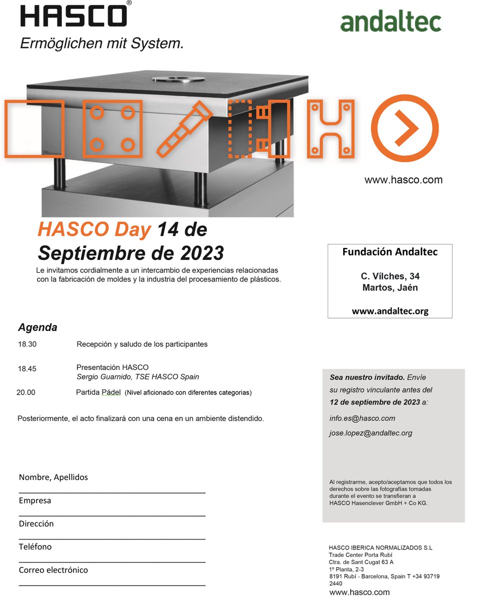 andaltec's tweet image. 📅 Andaltec acoge el próximo 1️⃣4️⃣ de septiembre un evento de presentación de la firma #HASCO, en el que propone un intercambio de experiencias relacionadas con la fabricación de moldes y la industria del procesamiento de plásticos.

Más información e inscripciones 👇