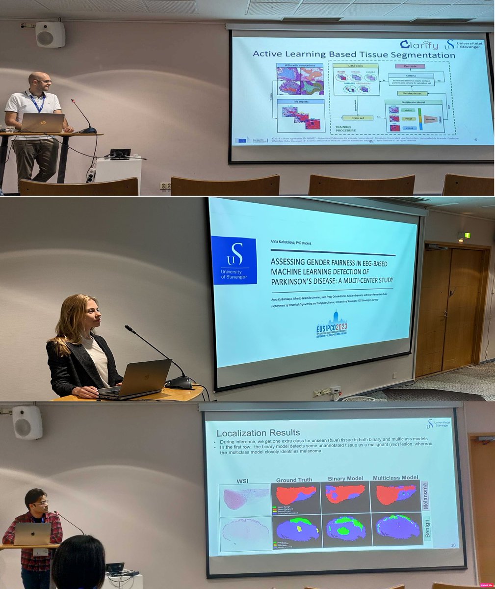 BMDLabUiS's tweet photo. Our Ph.D.  fellows Saul Fuster, Anna Kurbatskaya, and Neel Kanwal, gave lectures about their research work at the 31st EUSIPCO  Conference held in Helsinki from Sep 04-08, 2023. 

 Preprints of paper: https://t.co/eMxIPeLa3h,  https://t.co/ROpWIpRJtr,  https://t.co/X7lvOJoiPf https://t.co/os3VM1dNde