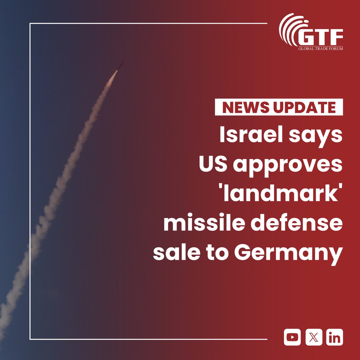 The United States has approved the sale of a 'landmark' missile defense system to Germany, Israel's Defense Minister Benny Gantz said on Thursday. 

#Israel #Germany #MissileDefense #IronDome #US #Defense #Cooperation #Iran #Proxies #Tension #Approval #gtf #globaltradeforum