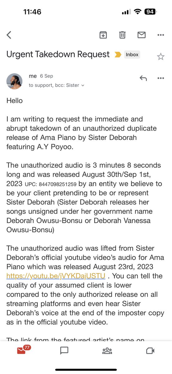 wanlov's tweet photo. an entity using @sonosuite to distribute their music is pretending to be Sister Deborah and has uploaded an unauthorized version of her song Ama Piano feat AY Poyoo to various DSPs. @Deezer told us it was @Sonosuite that sent them the song after we proved our case… https://t.co/ItmLFUm7Hg