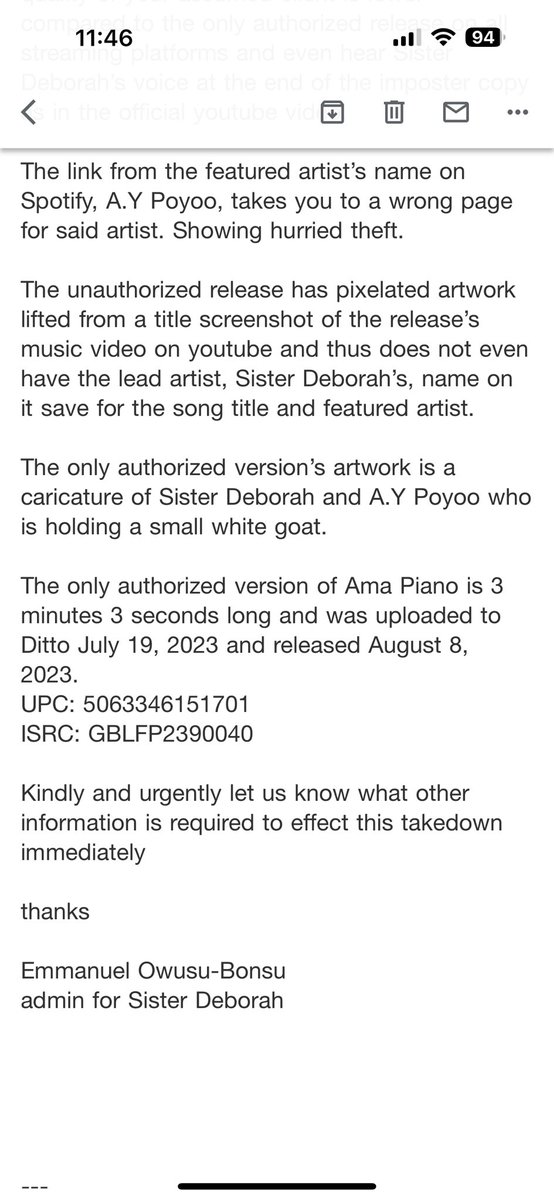 wanlov's tweet photo. an entity using @sonosuite to distribute their music is pretending to be Sister Deborah and has uploaded an unauthorized version of her song Ama Piano feat AY Poyoo to various DSPs. @Deezer told us it was @Sonosuite that sent them the song after we proved our case… https://t.co/ItmLFUm7Hg