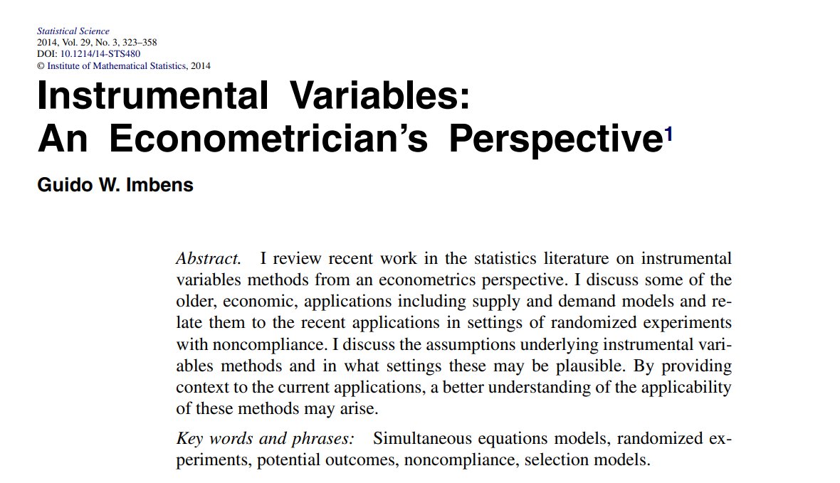 CavaliereGiu's tweet photo. Hi #EconTwitter!

Want to dive deep into Instrumental Variables in #Econometrics through the lens of an #economics Nobel laureate?

Check out this review by @guido_imbens (@stanford), bridging historical economic applications with experimental contexts.

Highly recommended!⭐️