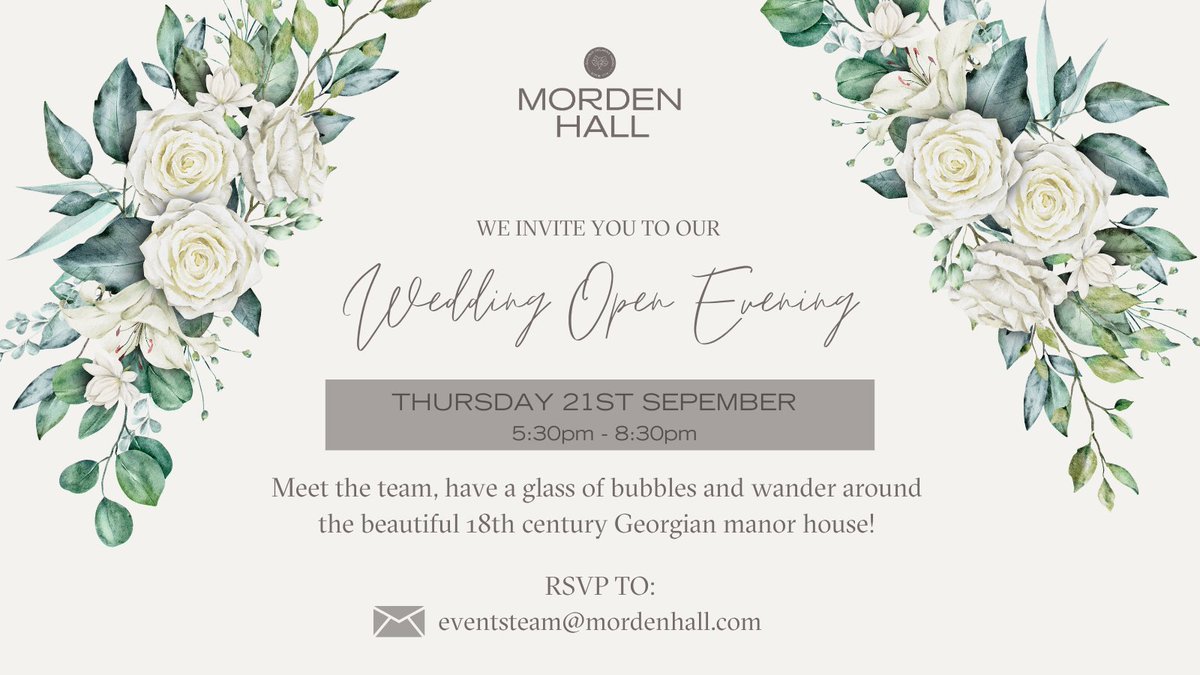 Will you be joining us?

📅Thurs 21st September
5.30pm-8.30pm

Meet the team &amp; recommended suppliers, take a tour around our beautiful 18th-century manor house &amp; enjoy a glass of bubbles on our north lawn

Free event with free onsite parking

RSVP to eventsteam@mordenhall.com