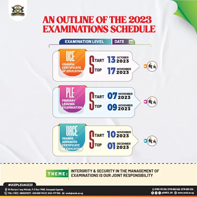 bbosa_sharleen's tweet photo. The schedule of the #UNEBTimetable23 for the final examinations of our P.7, S.4 and S.6 candidates is here.
@Educ_SportsUg @UNEB_UG @DMU_Uganda
#UCEPLEUACE23
#EducUg https://t.co/ueMgconwfo