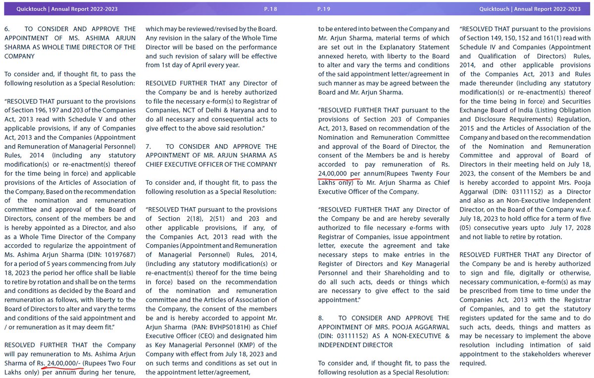 Focus_SME's tweet photo. #QUICKTOUCH Quicktouch Technologies Annual Report. First management compensation to breach SEBI's prescribed 11% limit, which isn't an issue in isolation but the company almost quadrupled it's PAT raising the question of necessity of this resolution? https://t.co/kayd3eLtit