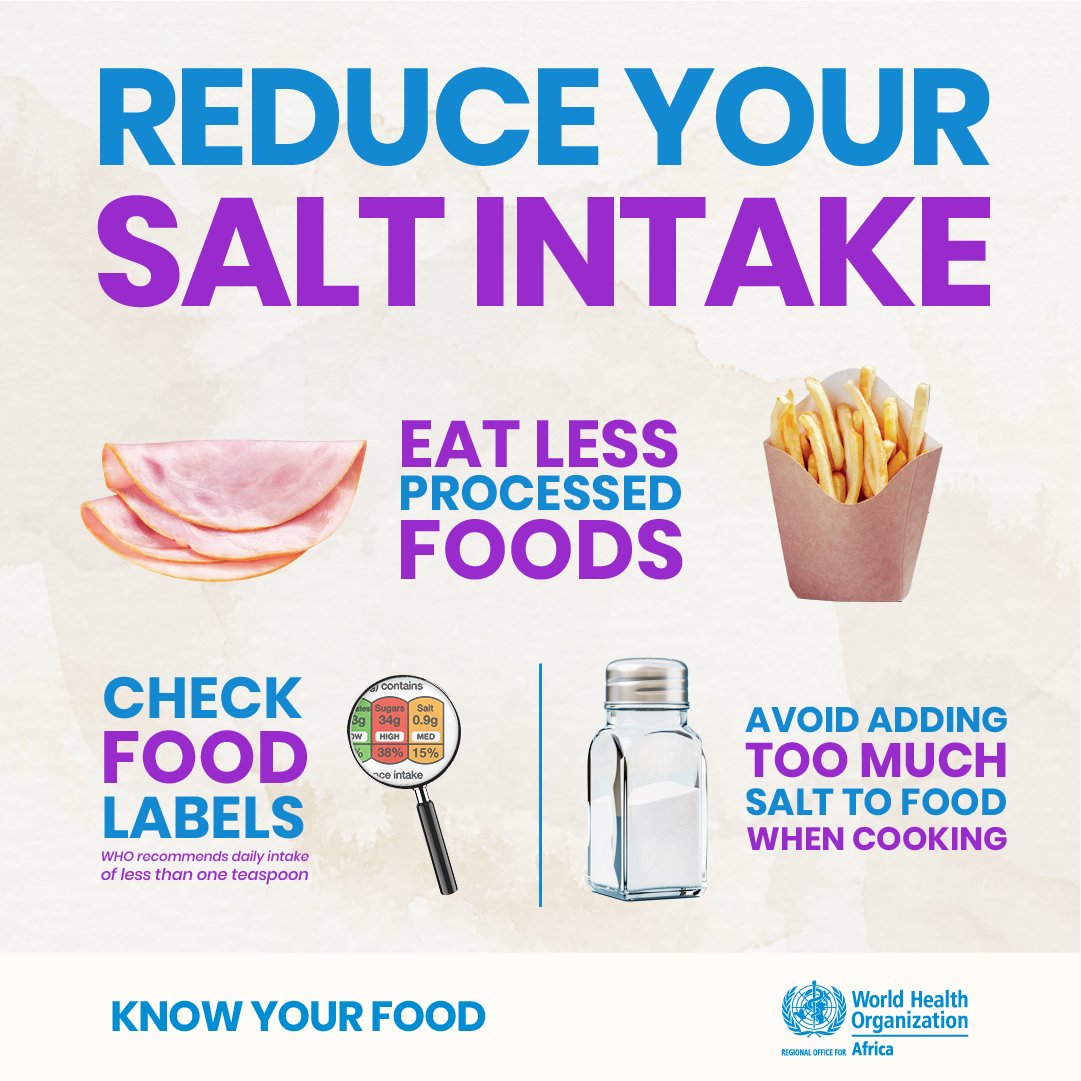 WHOAFRO's tweet photo. Reduce your salt 🧂 intake to less than 5g per day!

⚠️ Too much salt can increase the risk of high blood pressure, stroke &amp; heart disease.

Look after your heart! 💙 https://t.co/JmNjoFO8dK
