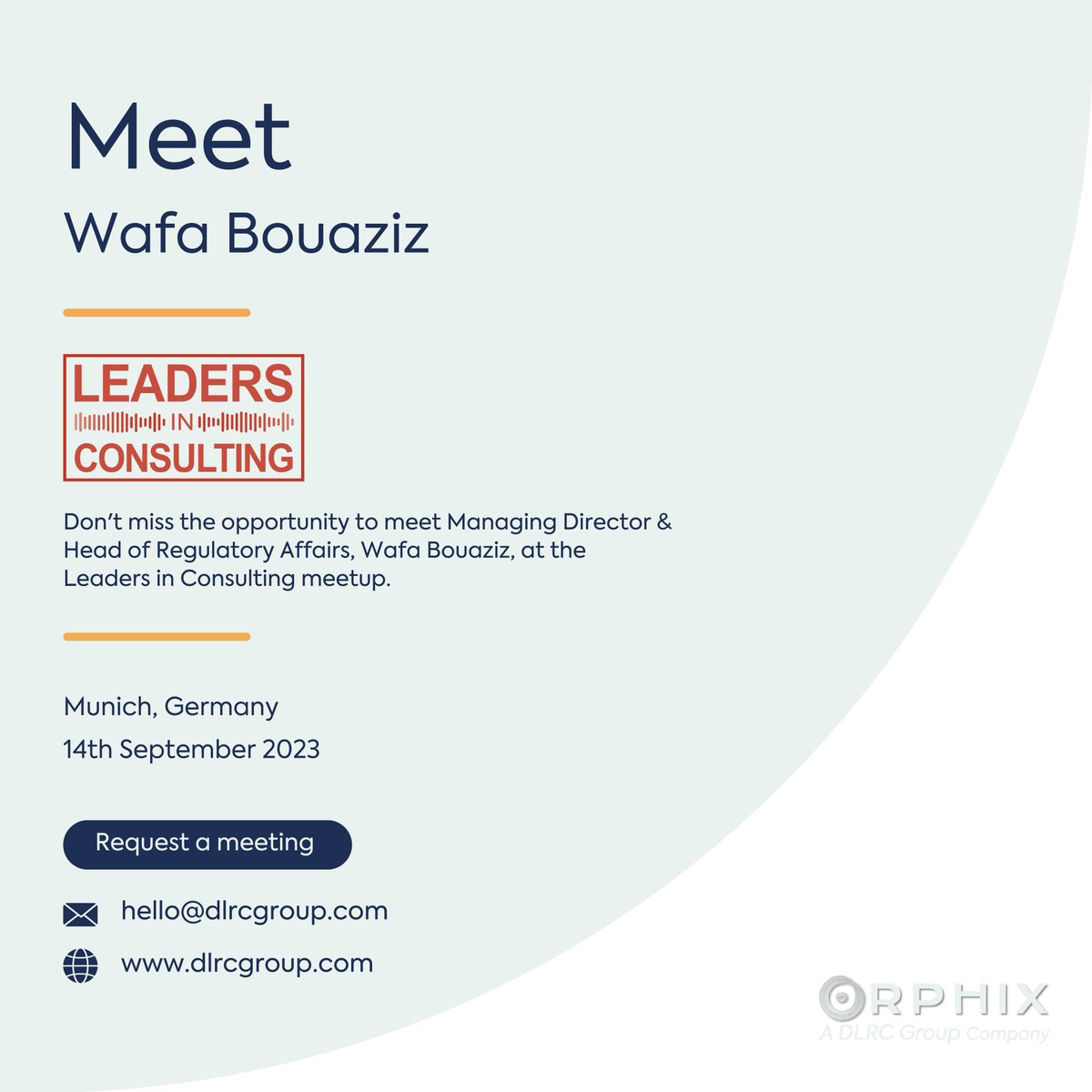 dlrcgroup's tweet photo. Wafa Bouaziz returns to the Leaders in #Consulting  #meetup in #Munich, on the 14th of Sept!

Are you looking to #collaborate, #innovate, and #grow? Join Wafa at this month's meetup! 
 
For more details, or to find other #events #DLRC are attending visit https://t.co/1t0mPLcRnB https://t.co/CMQ4UYl1Fk